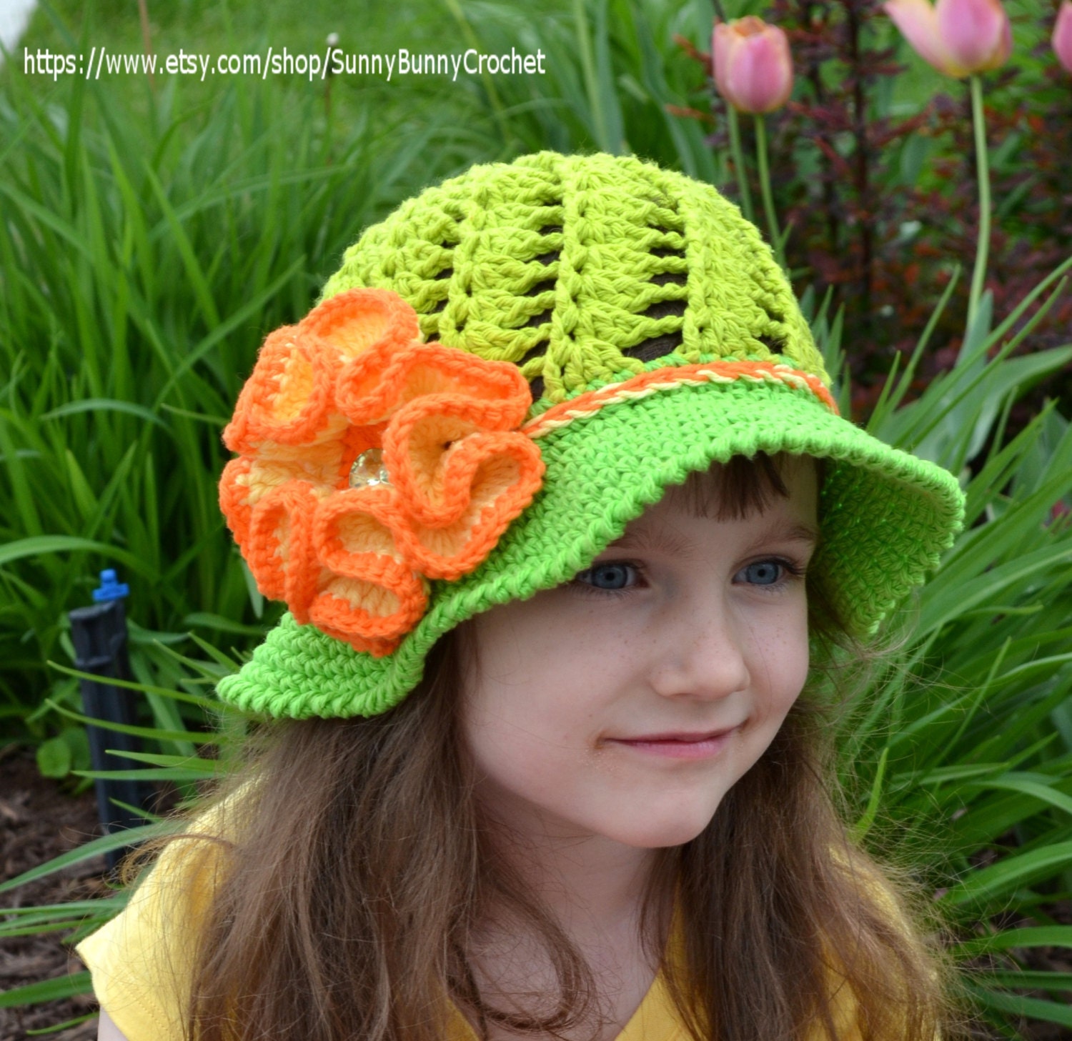 MADE TO ORDER - Crochet Hat Girls, Brimmed Summer Hat with Large Flower, Cotton Beach Sun Hat, Baby, Toddler, Adult size, Green and Orange