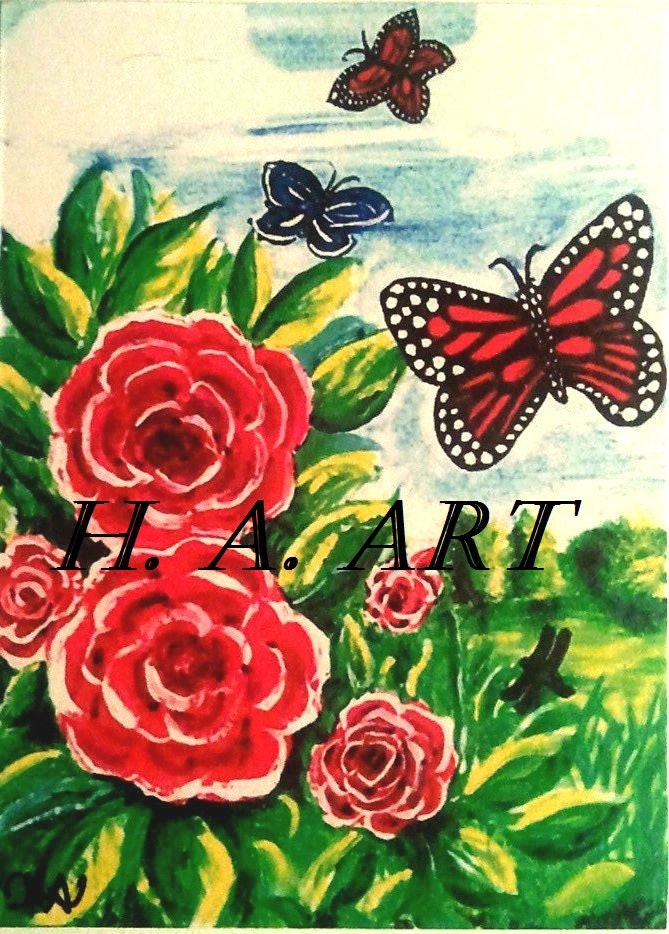 ACEO Original Watercolor Painting "Butterfly Rose Garden" Print H. A. Art