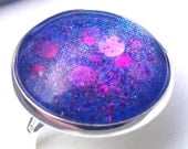 Domed Glass Nail Polish Ring in Blue With Custom Mixed Glitters in Violet and Pink
