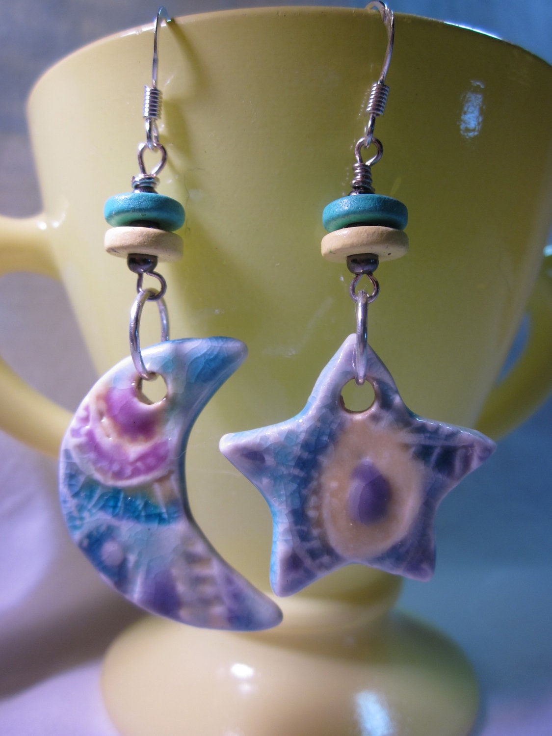 Handmade Moon Star Ceramic Hippie Earrings