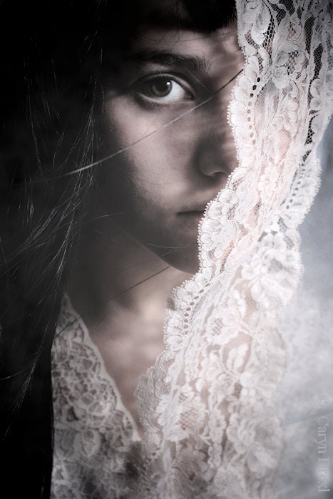 Behind The Veil - FREE SHIPPING - Print Girl Face Bride Lace Wind Cream Blue White Eye Black Hair Wind Portrait Art