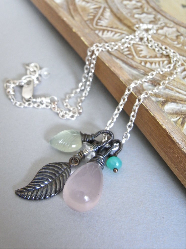 Necklace - sterling silver, wire wrapped, oxidised, rose quartz, carved prehnite, rock crystal quartz, chrysoprase, Karen silver - Blossom