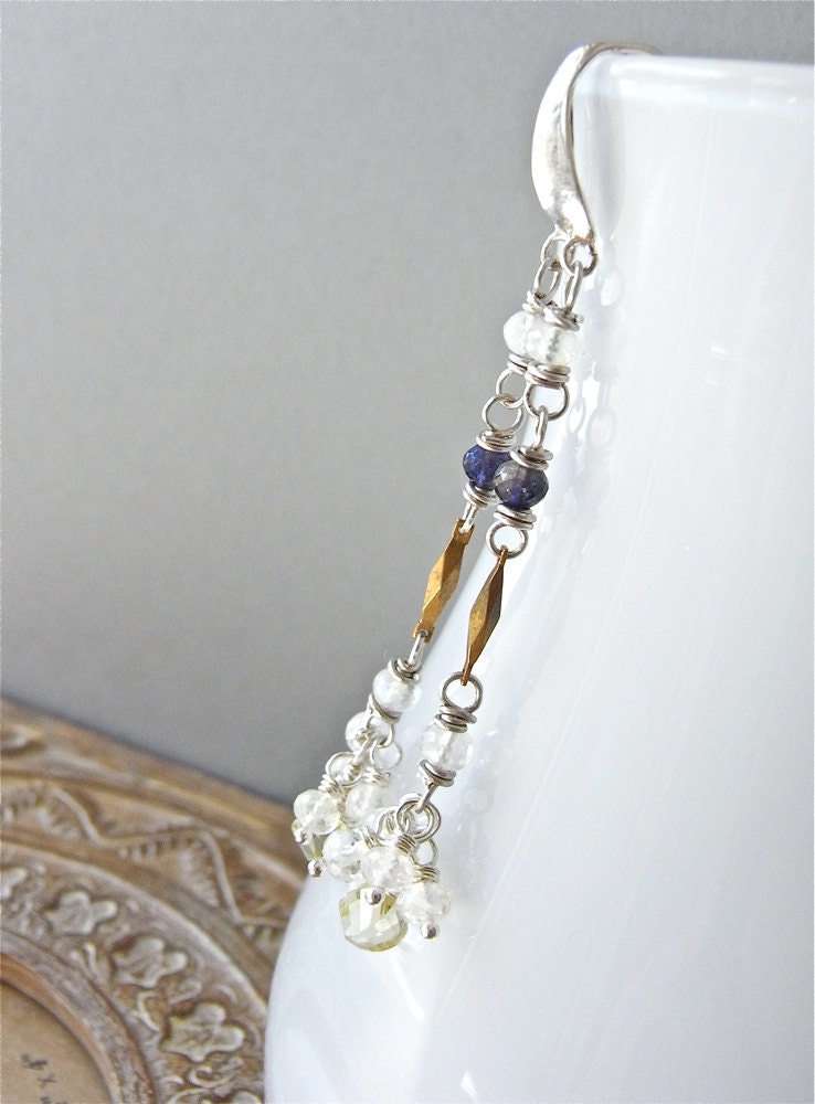 Earrings - sterling silver, vintage brass, moonstone, lemon quartz, iolite - Silver Lining