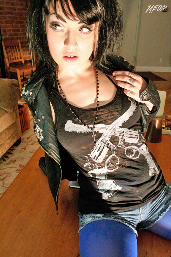black tank, free shipping etsy, womens gun tank, womens tank top, gun tank, 1AEON women's burnout black soft tank with western colts - L