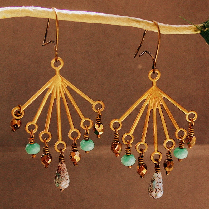 Exploding Triangle Earrings vintage brass czech glass blue dangles