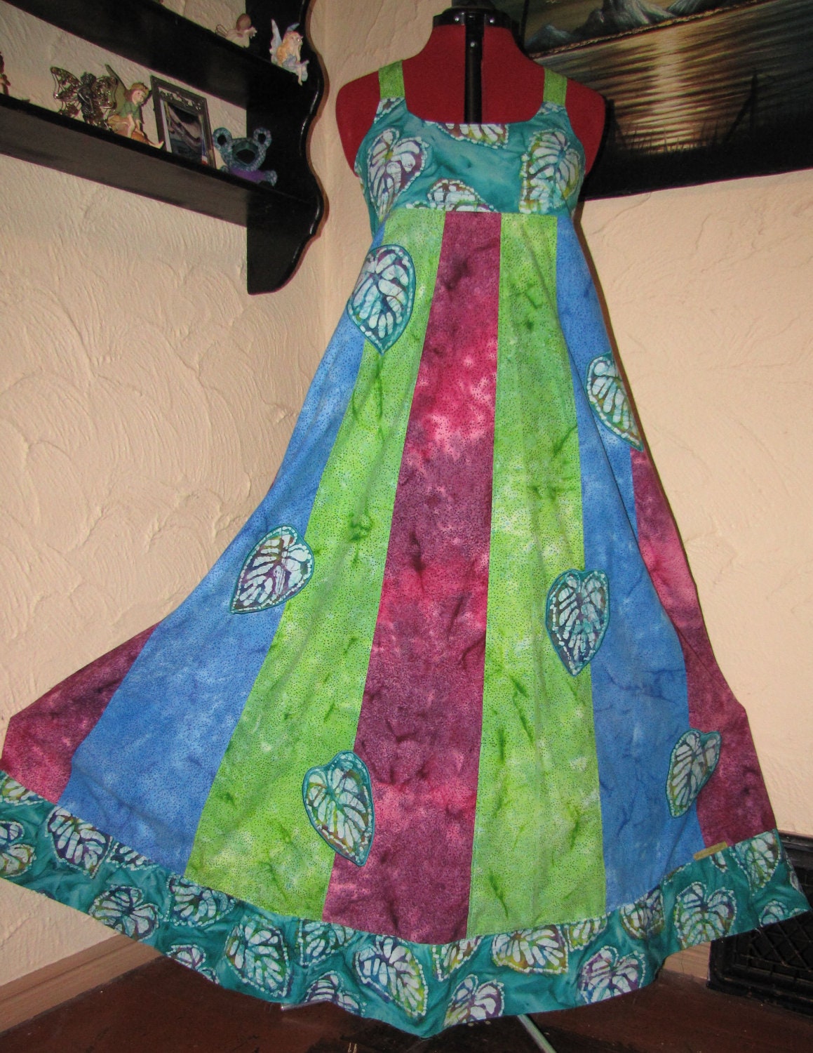 Full Length Batik Hippie Dress with 12 Leaf Appliques