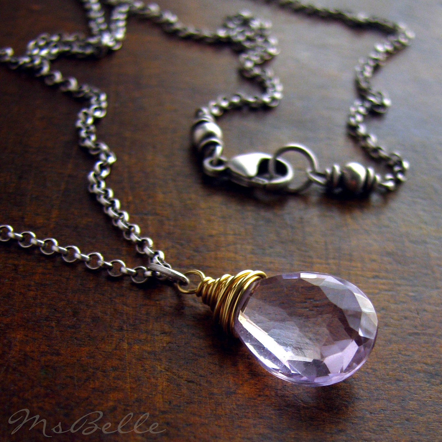 Solid 18K Wire Wrapped Pink Amethyst Solitaire Pendant Necklace on Oxidized Sterling Silver - Pastel Pink Mixed Metal Jewelry