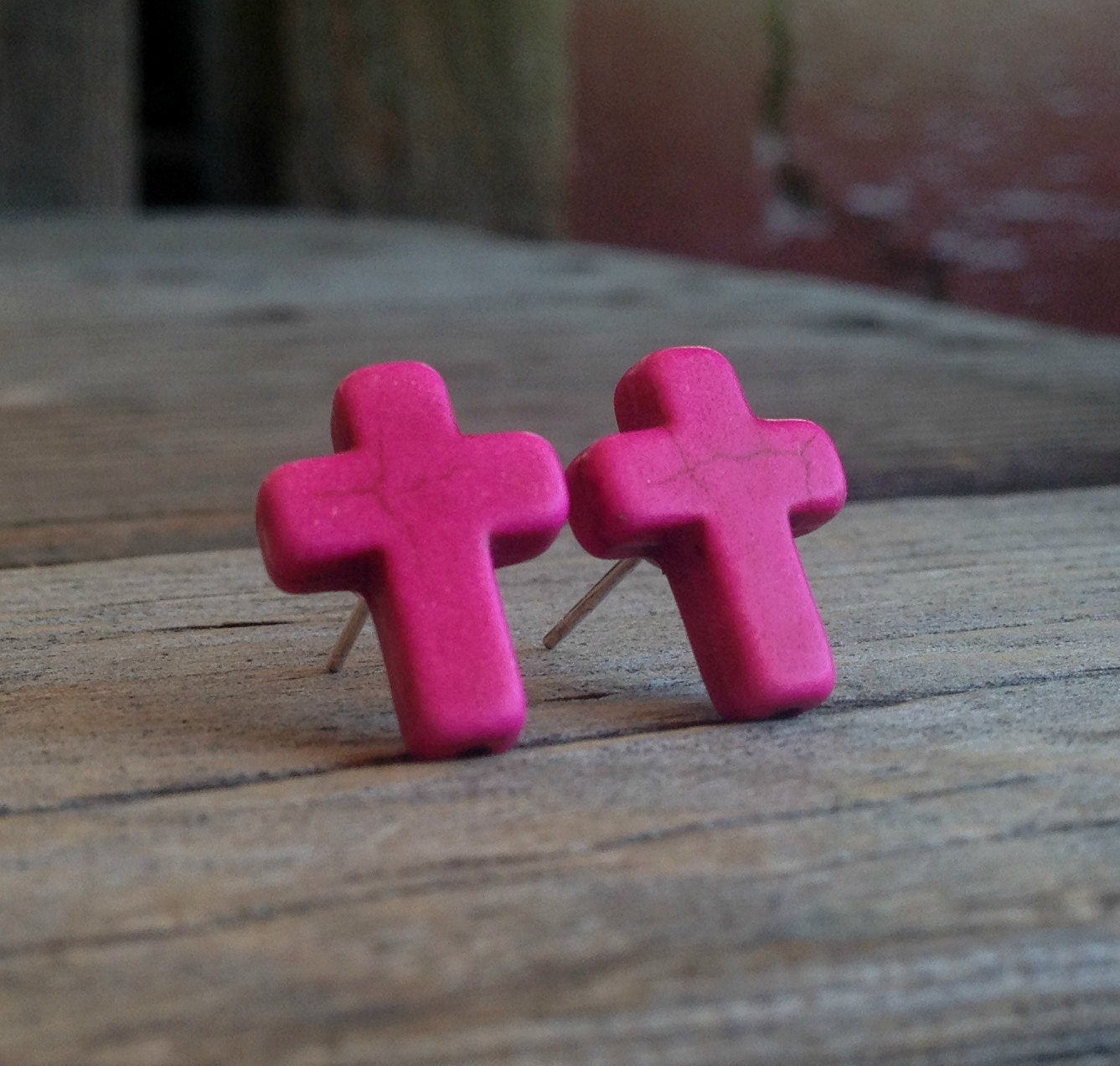 Hot Pink Cross Earrings - Silver Post Earrings