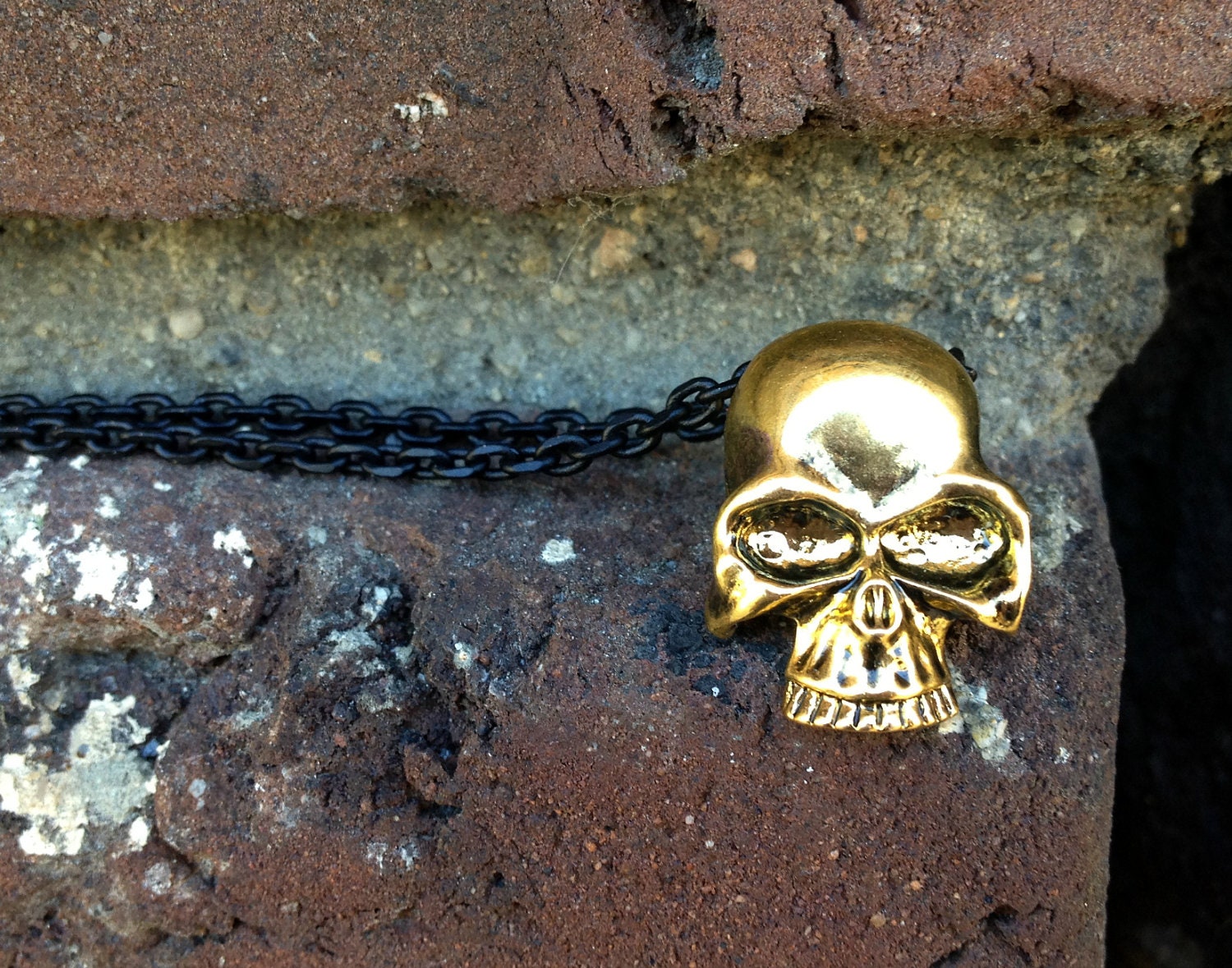 Gold Skull Necklace on Matte Black Chain - Unisex Jewelry