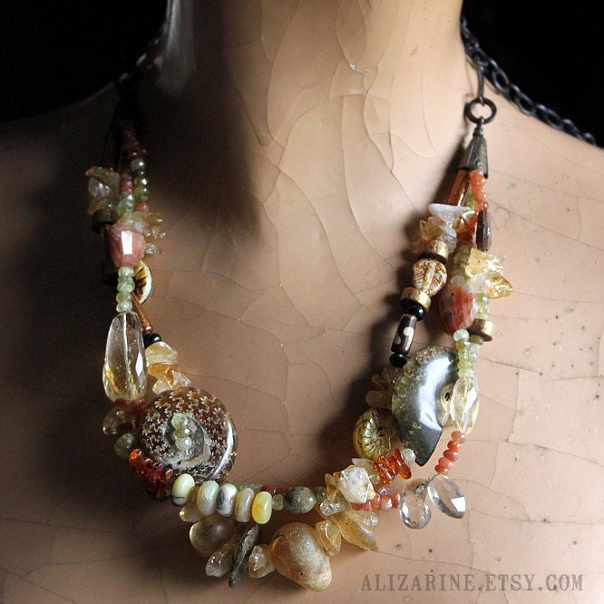 Fossil Hunter - Beaded statement necklace with ammonite brass and warm golden colors OOAK