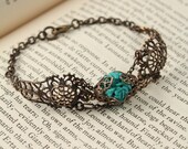 Vintage Tooled "Journey" Artisan Brass Filigree Carved Turquoise Bracelet