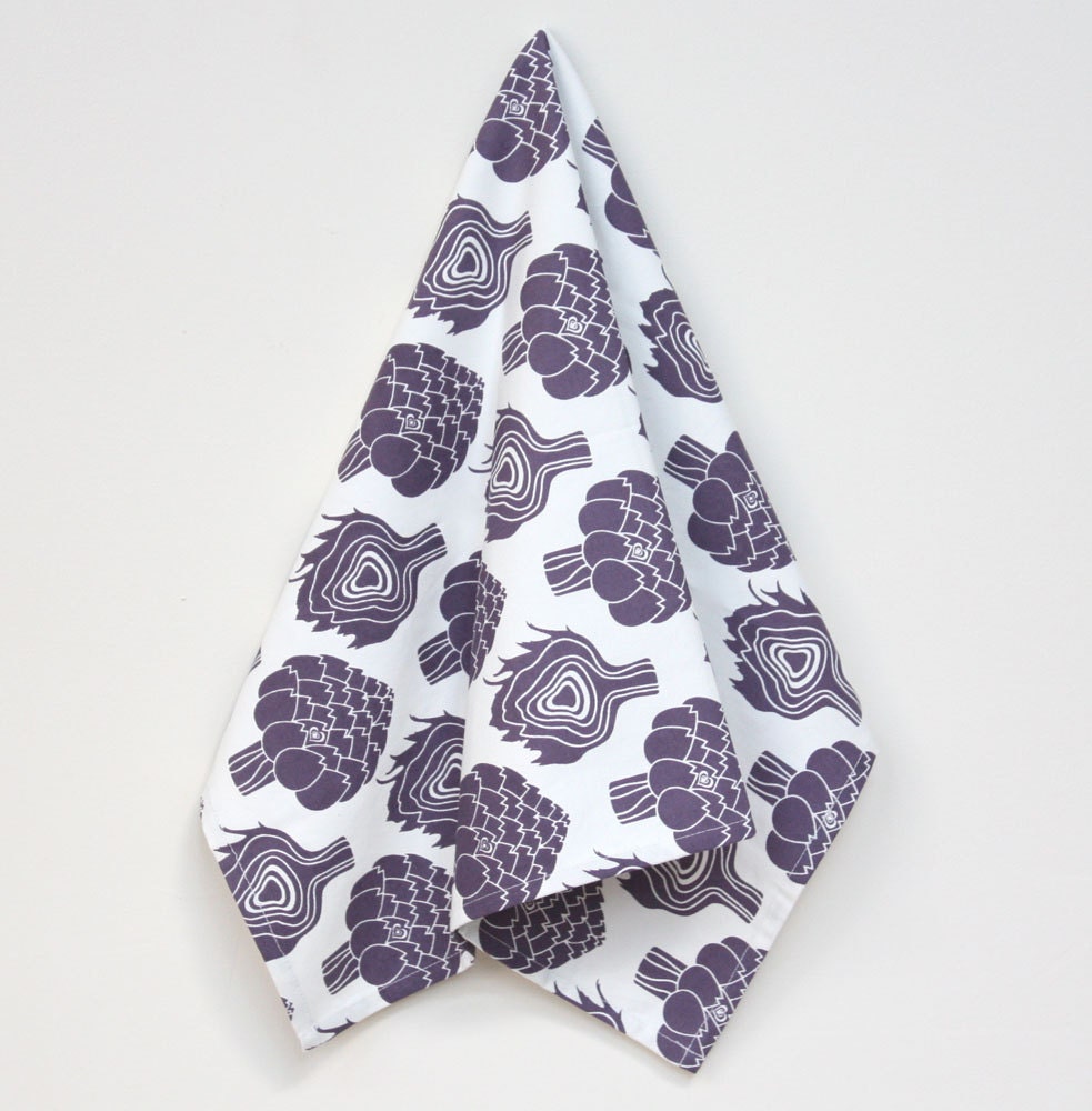 Organic Cotton Kitchen Towel - Aubergine Artichoke