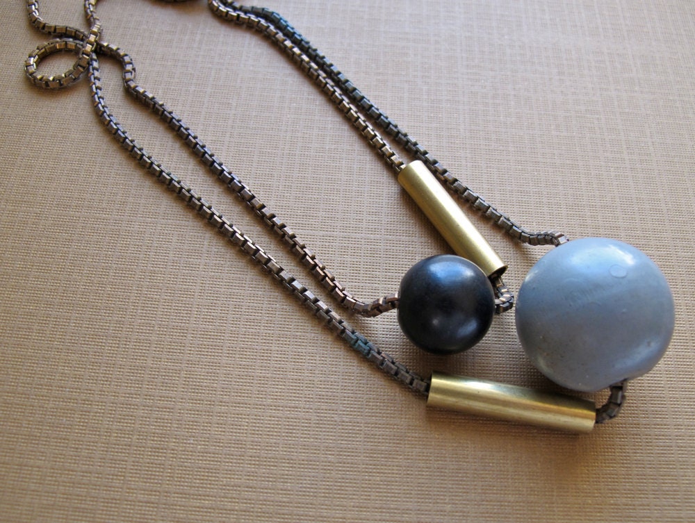 Double Strand Wooden Geometric Necklace, CUSTOM COLORS Vintage 1970s Brass Chain Metal Tube Beads Two Styles Layered Necklace by Glamourpuss