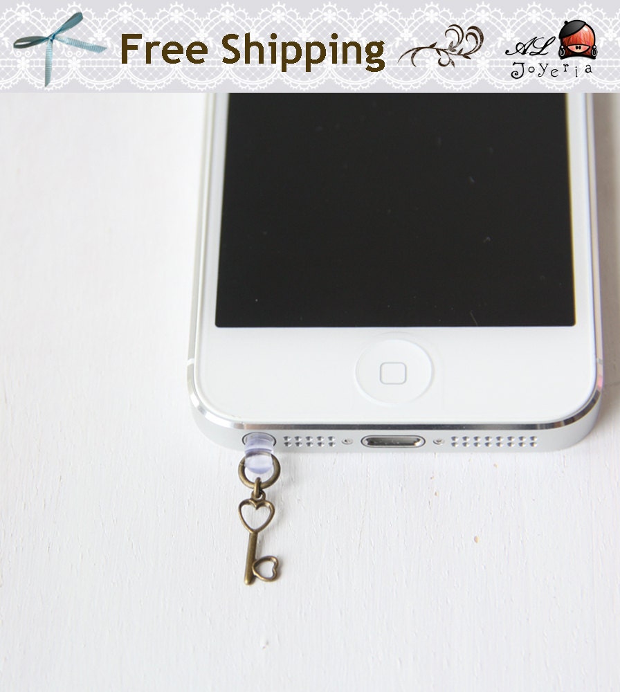 Dainty Heart Key iPhone Earphone Plug. Designed for iPhone5. Cell Phone Charm. iPhone Accessories. Baptism Gift. Free Shipping