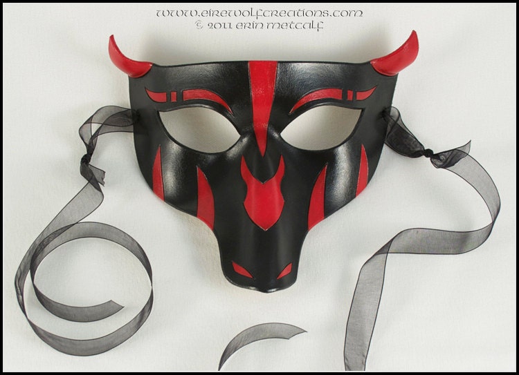 Tribal Dragon handmade leather masquerade mask black and red tattoos Halloween costume Mardi Gras Carnival theater