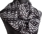 Long Infinity Scarf  Black & Grey Soft Layered Textured Lace Cowl Snood