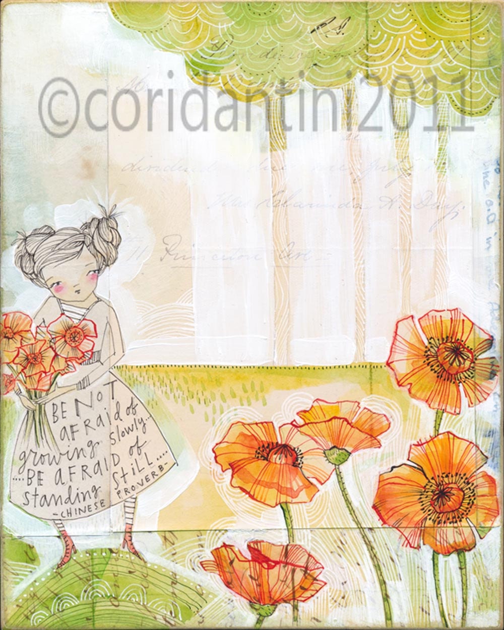 an ORIGINAL whimsical watercolor painting of a girl with poppy's - 6 x 8 inches - by cori dantini - corid