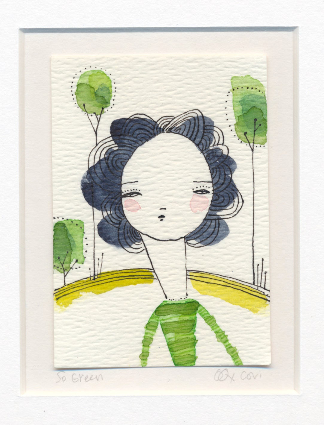 ORIGINAL ACEO, of a woman with flowers in her hair,  Artist trading cards, ATC whimsical watercolor by cori dantini