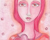 Mixed Media Art, Folk Art, Pink, Original Watercolor, Wall Art, Girl, Heart, Love - Holding On