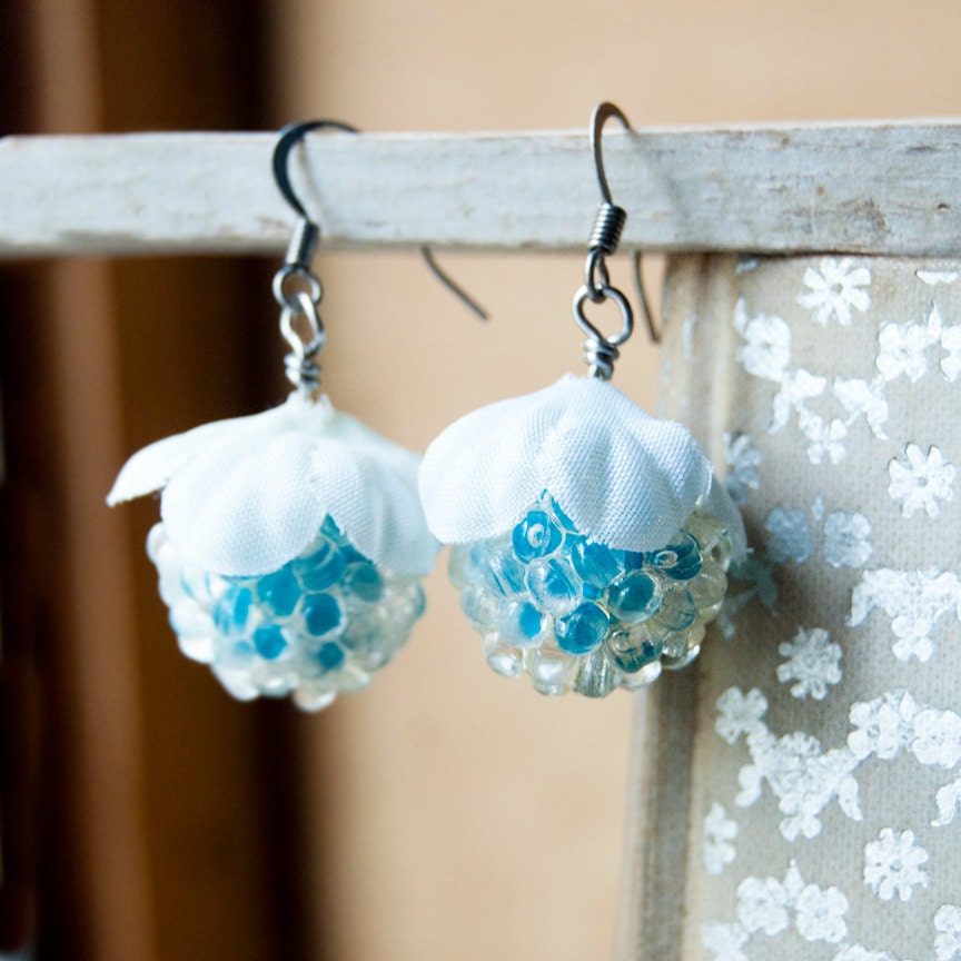 SALE Frozen Blue Hydrangea Floral Fabric Earrings