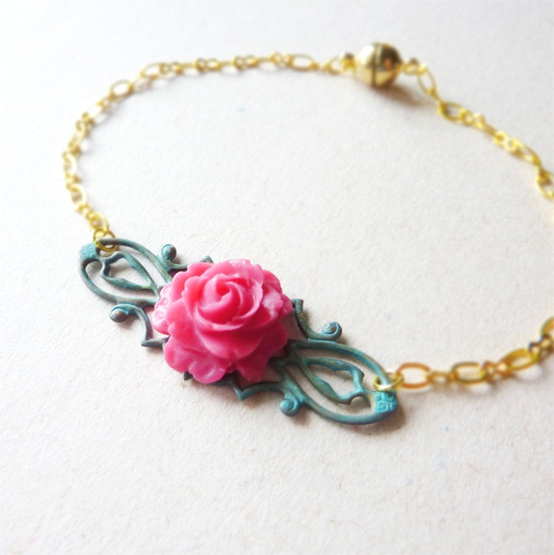 Fuschia Flower on Verdigris Bracelet. Wedding Bracelet. Bridal Jewelry. Bridesmaid Gift.