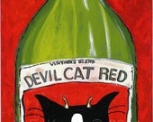 Tuxedo Cat Art -  Devil Cat Red Wine -  8 x 10 Matted Print