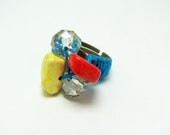 Hemp Micro Macrame Adjustable Ring with semi precious Howlite in Orange and Yellow on Turquoise Hemp