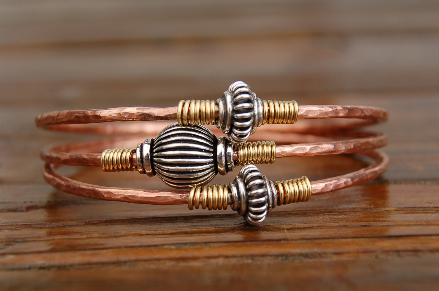 Trio of Handcrafted Copper-Sterling-Brass Bangles - 3 Bracelet Set