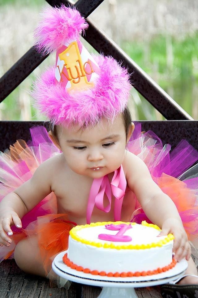 Girl Birthday Hat - Pink chevron with orange and yellow accents - Free personalization