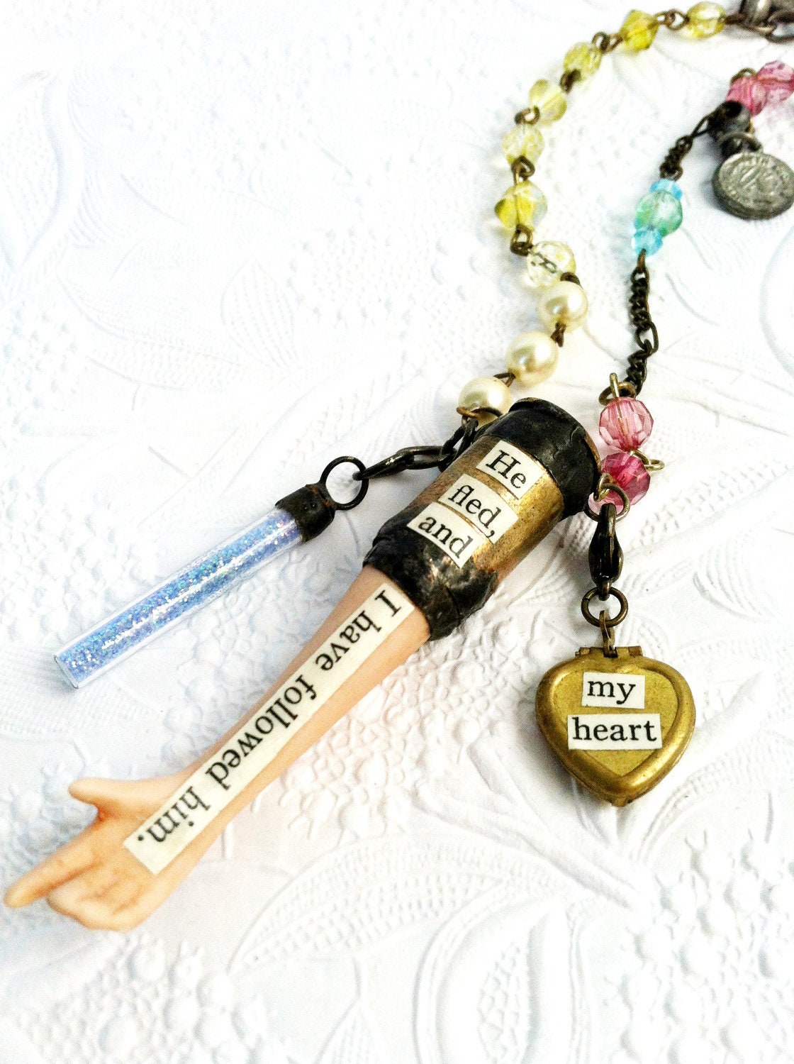 Bullet Casing Assemblage Necklace Soldered Ceramic Arm Mixed Media Collage Necklace Broken Heart and Arm Necklace Charm Necklace