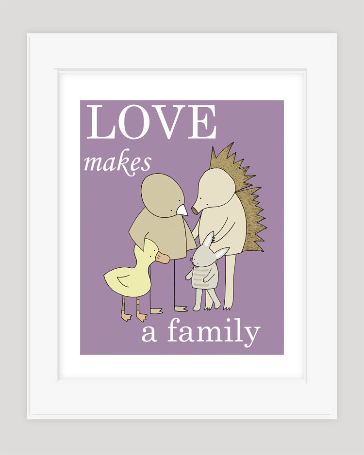Art Print, Nursery Art, Love Makes a Family, Adoption Gift, Nursery Decor, Purple, Nursery Print