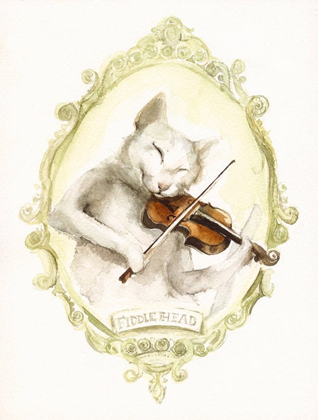 Fiddlehead - cat art, cat watercolor painting- print