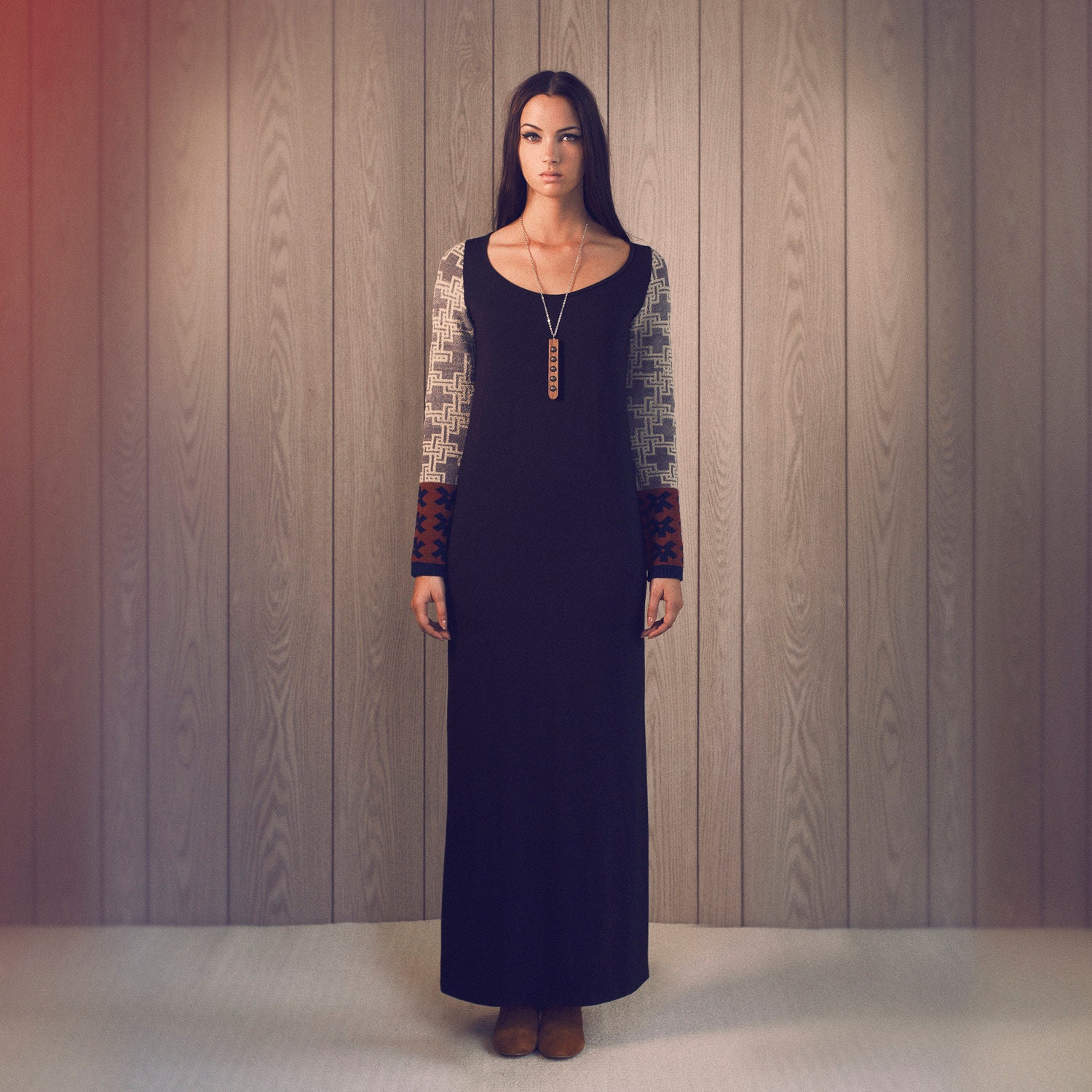 Bamboo Jersey Maxi Dress with Knit sleeves - The "Olivia" Dress - XS, S, M, L