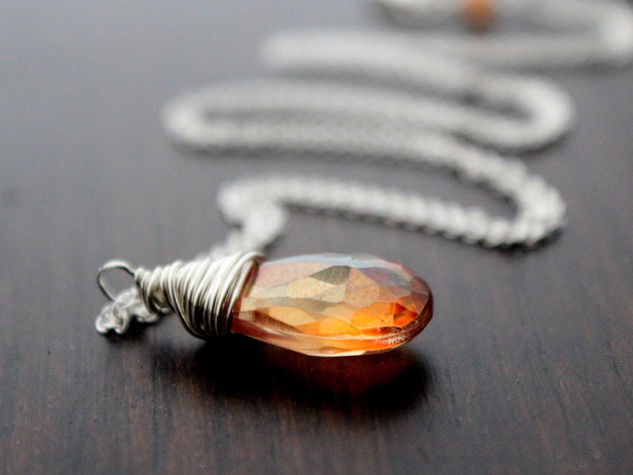 Topaz Birthstone Necklace, Sterling Silver Topaz Pendant, December, Peach Orange Fashion