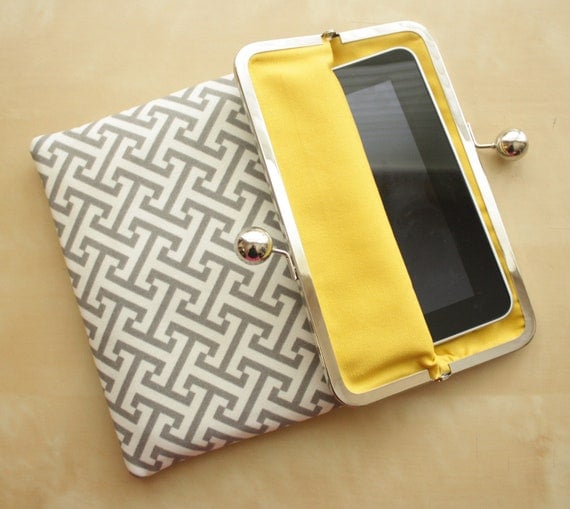 Gray iPad Case or Sleeve with Kisslock Frame - Gray and Yellow - iPad Clutch - Notebook Clutch - iPad Mini