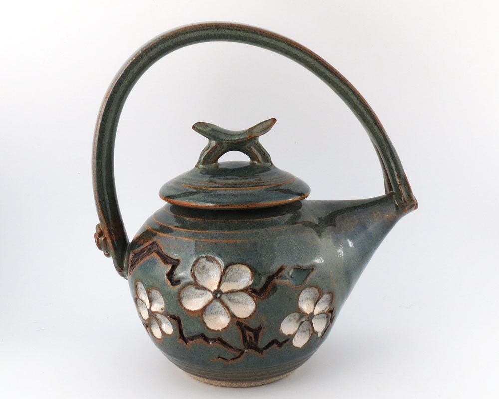 Handmade Stoneware Teapot - 38 oz. - Cherry Blossom - Steel Blue
