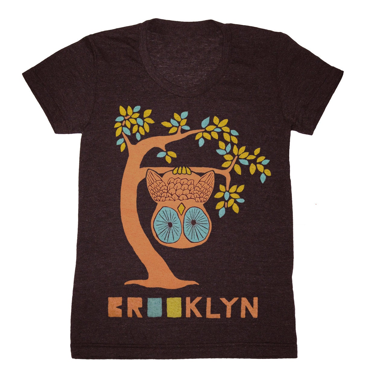 Brooklyn Tree - Womens Girls Scoop Neck T-shirt Tee Shirt Cute Retro New York Owl Woodland Branches Leaves Forest Bird Tri Black Tshirt