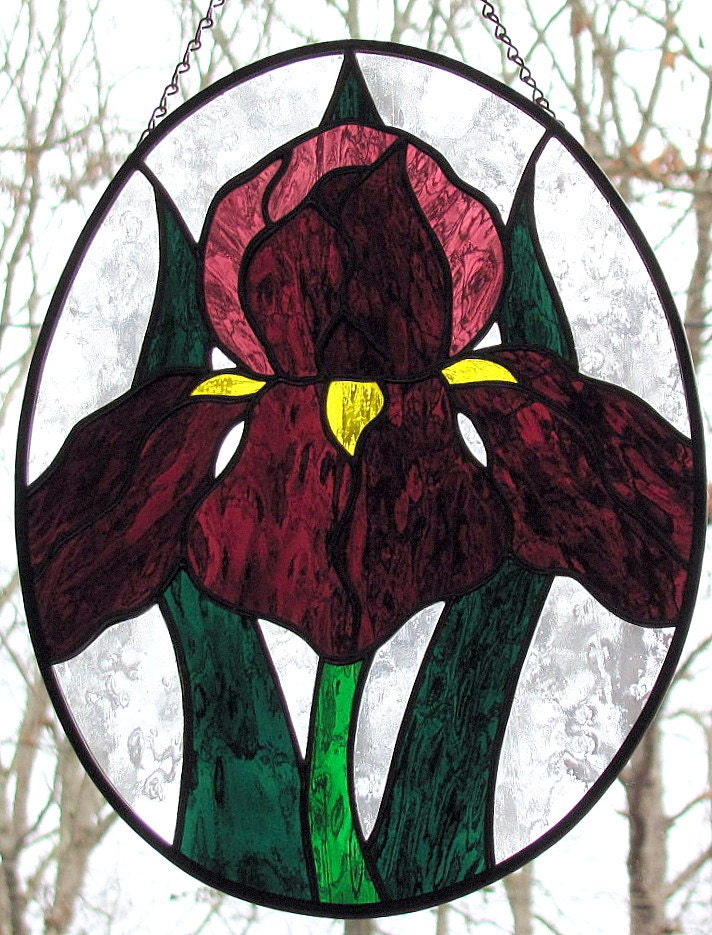 Stained Glass Purple Iris Suncatcher Oval Panel
