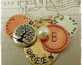 Mixed Metal Family Tree Collage Personalized Necklace  Hand stamped Jewelry - Initial - Names