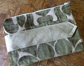 zipper clutch bag / purse / handbag in mocha and olive chenille with oatmeal necktie