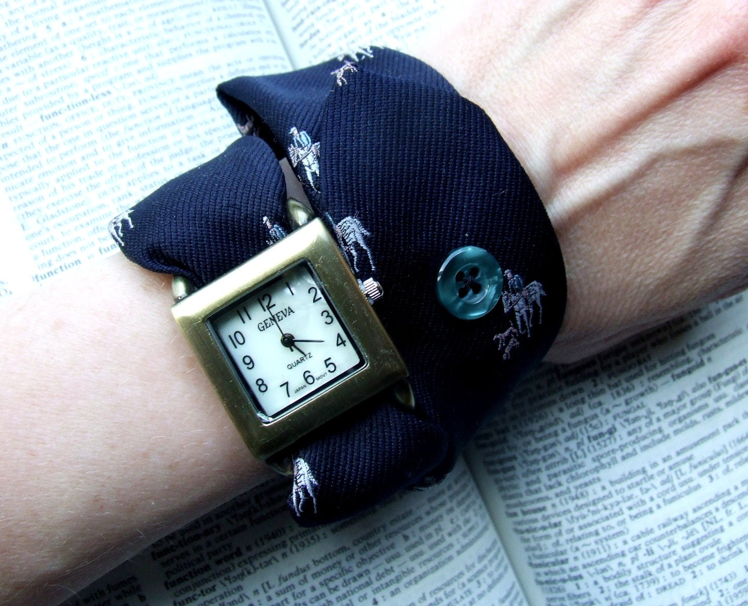 Watch Wrap crafted from midnight blue necktie with equestrian rider with square face