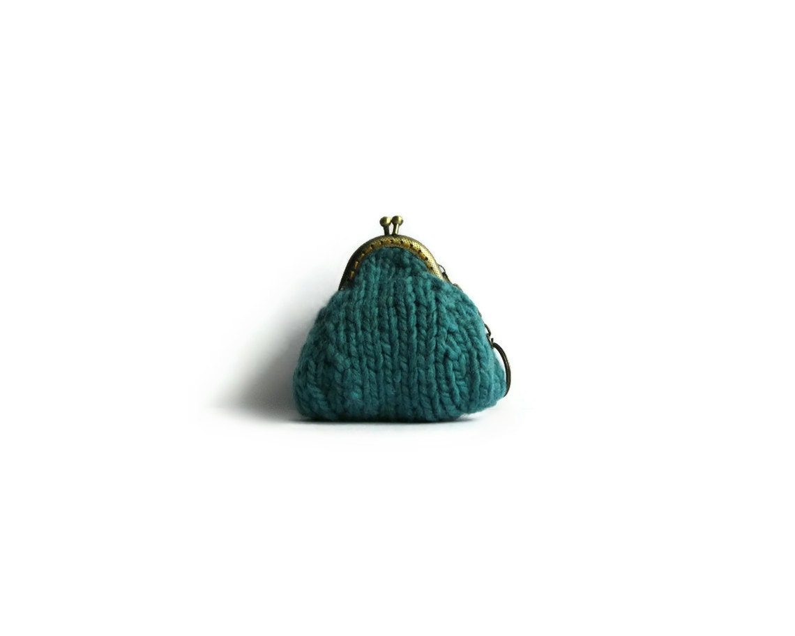Mini Coin Purse with Keychain Knitted in Teal