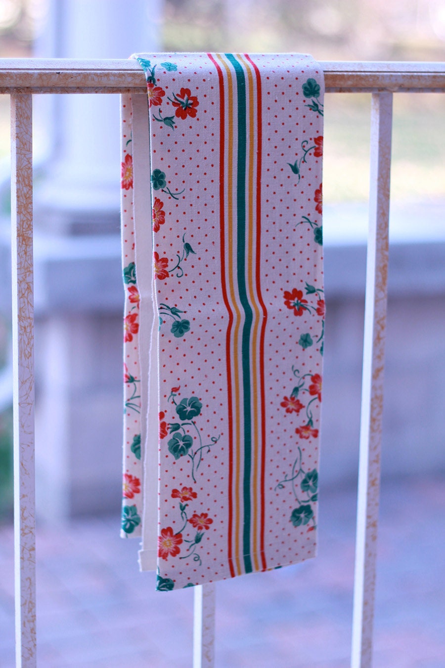 vintage tea towel - sweet 40s 50s - red and green with stripes and dots - linen kitchen towel - use at Christmas and beyond