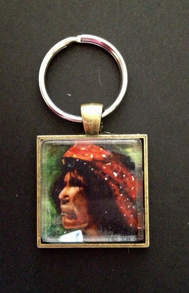Key Chain Charm hibiscus flower pottery mexican indian cactusl black square glass antique brass  reflection mini print keys car house home