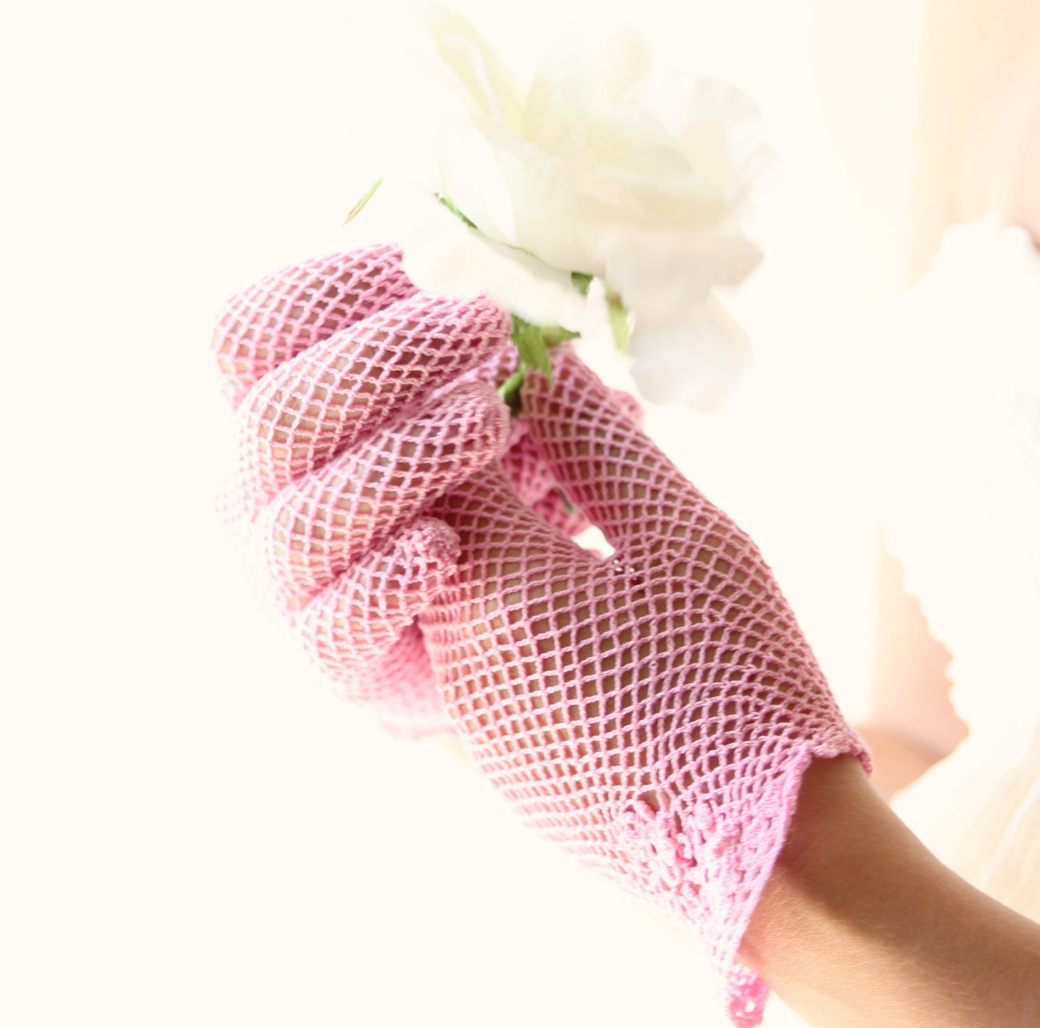 Vintage pink fishnet gloves, Bridal gloves, crochet netting