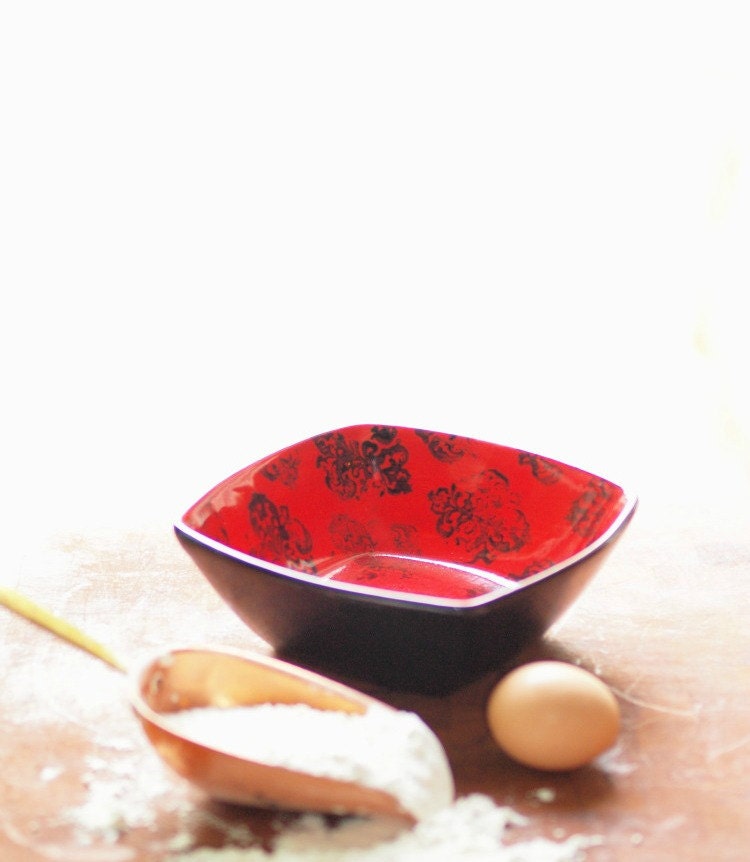 Bowl - Red Poppy Medallion Small Square Bowl - Colorful Ceramic Pottery Serving Vibrant Home Decoration Gift Giving RP-212