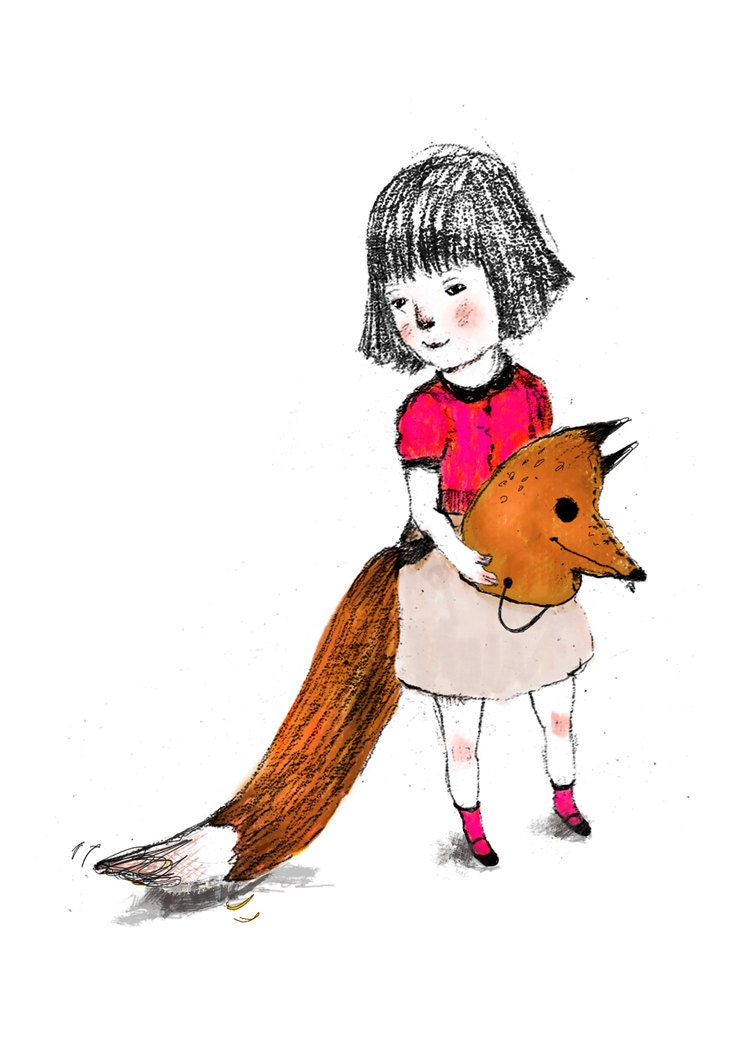 Childrens Wall Art Print -Girl wearing a wolf mask, Print 8x11 inches, A4 size