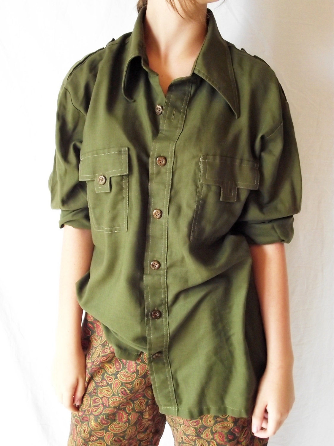 Vintage Shirt Olive Green Military Style Slim Fit - Long Sleeve - Mens Womens Unisex
