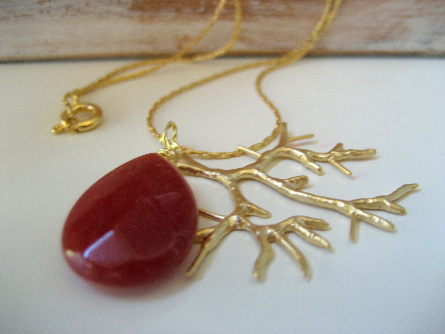 Berry and Branch Gold Necklace Faceted Gemstone Pendant