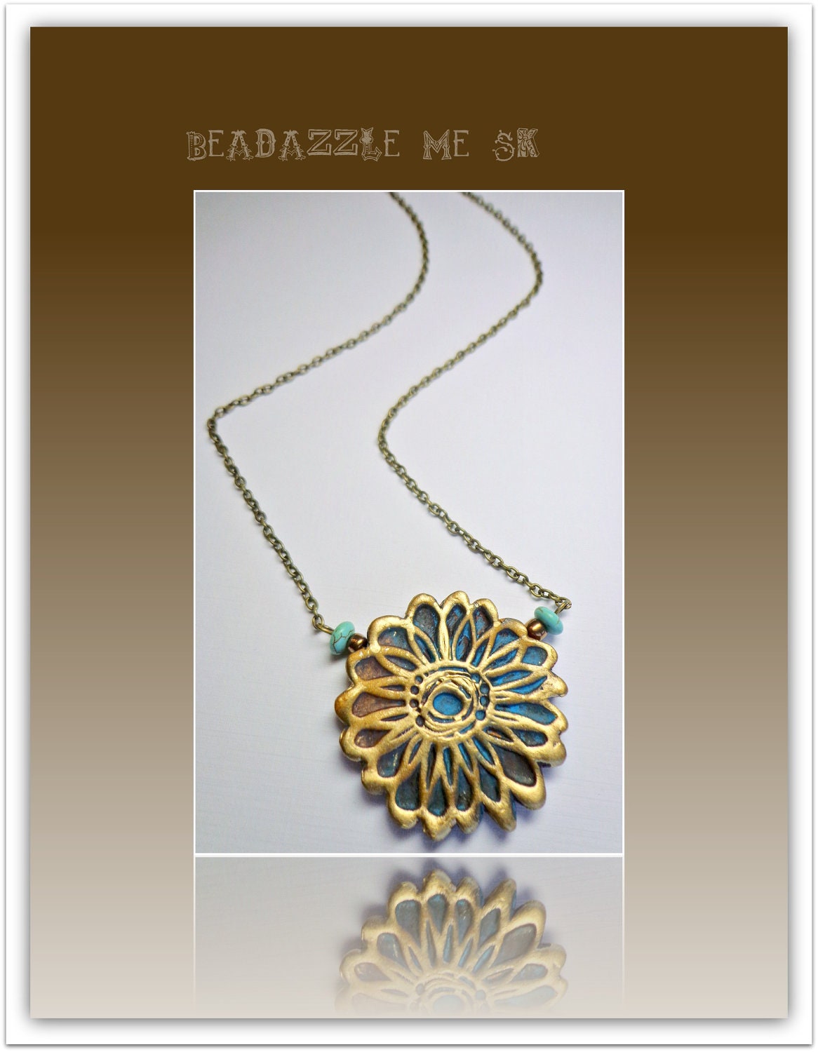 Sale Rustic Turquiose Flower Statement Necklace, polymer clay jewelry